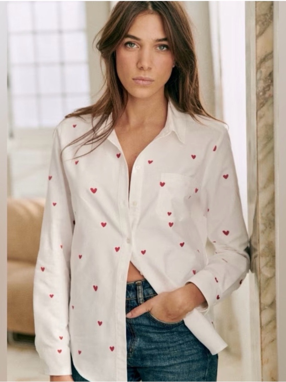 Sezane White Button-Down Shirt with Red Heart Motif